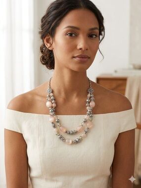 Vintage Double Strand Necklace – Moonstone Pink & Slate Grey Beaded Elegance